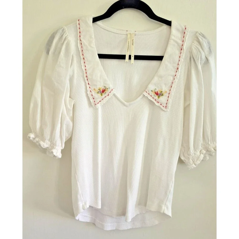 Anthropologie Floral Embroidered Collar Puff Sleeve Boho White Top Sz S